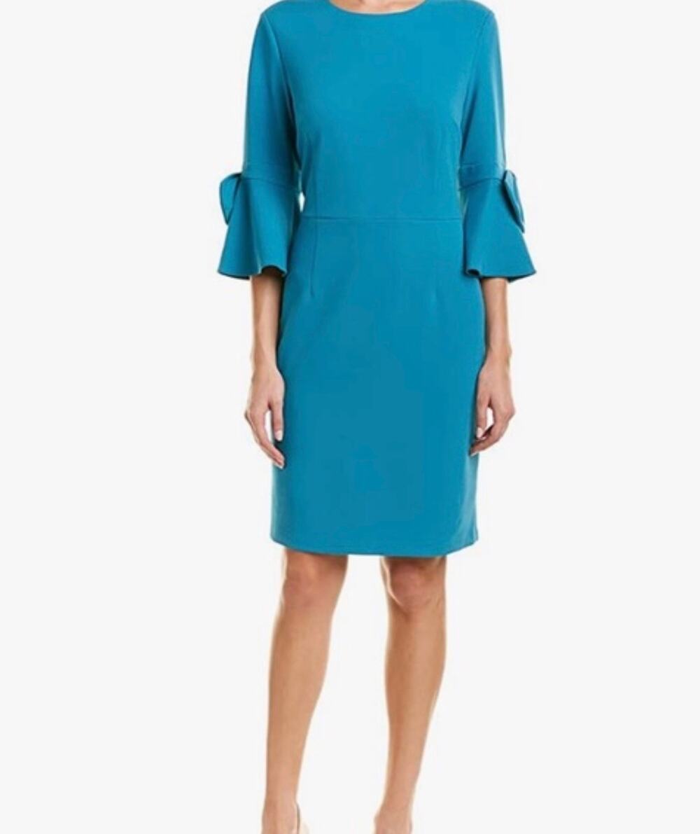 Donna Morgan Womens 8 Blue Bell Sleeve Bow Midi Short Sleeve Cocktail Dress NWT